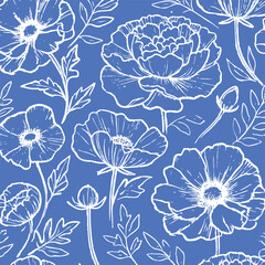 Blue Botanical Background Floral Print Design in Vector