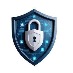 Blue Shield with Lock and Digital Security Icons, Isolated on Transparent Background.