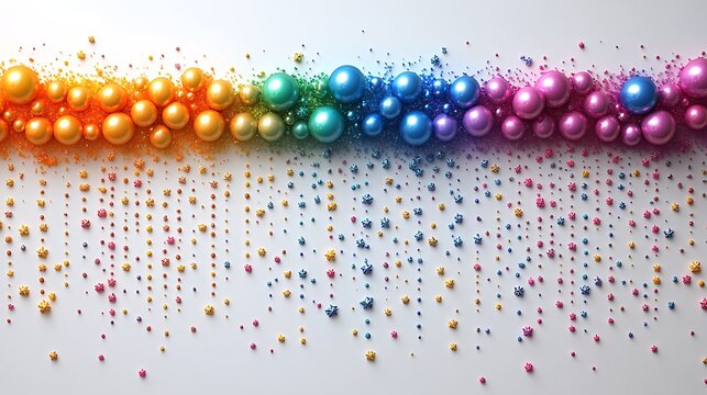 Rainbow colored spheres and tiny particles cascading down the background - Powered by Adobe