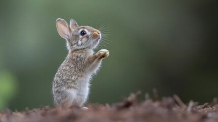 Fototapeta premium Brown Bunny Rabbit Standing on Dirt, Vibrant Green Background