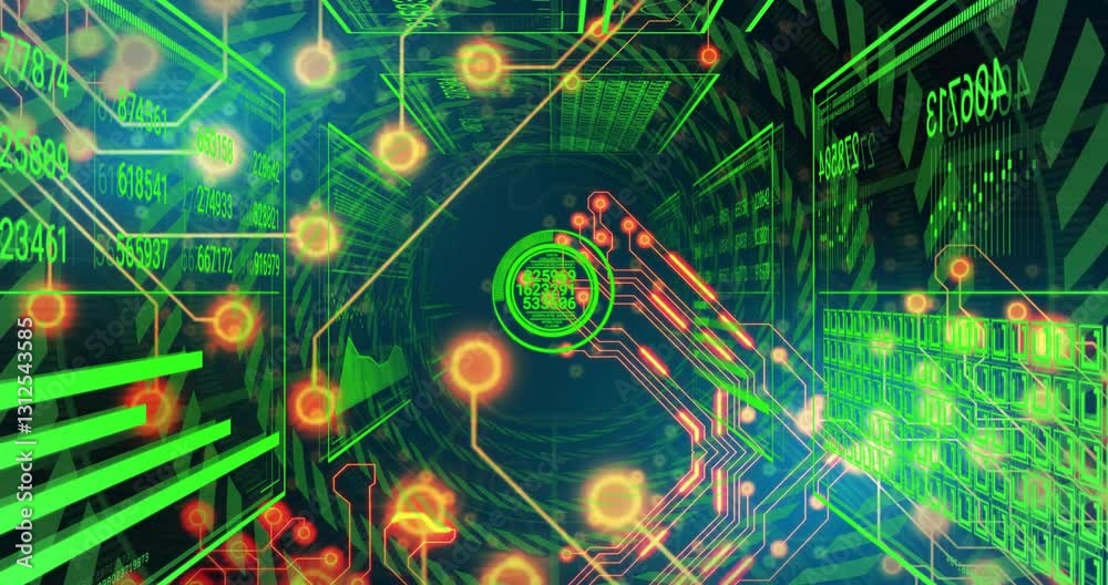 Poster animation of glowing digital circuit board with binary code patterns in background