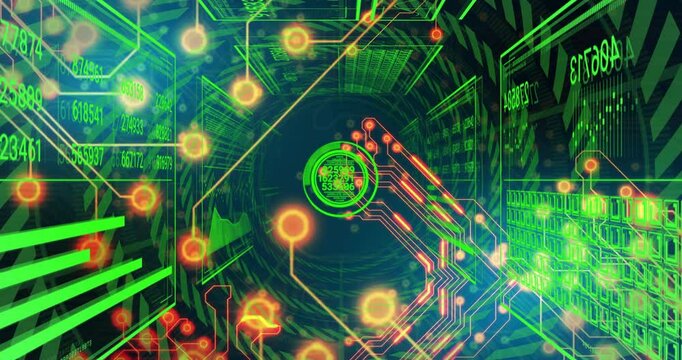 Animation of glowing digital circuit board with binary code patterns in background