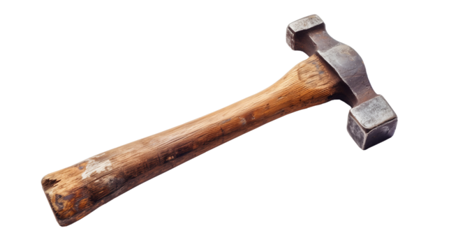 An old blacksmith hammer with a wooden handle and a metal boy. The handle looks shabby and darkened from time to time, and the metal on the boy has traces of wear. PNG Image.