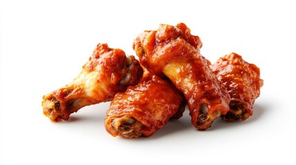 buffalo wings coated in fiery red sauce, intense color contrast, high-impact photography, isolated on white background