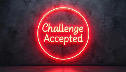 Challenge Accepted neon sign on dark wall background. Glowing illumination, vibrant colors of motivational quote. Urban digital artwork typography with positive message. Great decoration with energy