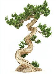 Twisted Juniper Tree with Spiraling Trunk and Lush Green Foliage
