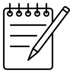 Minimalist outline icon of a notepad with a pencil, symbolizing note-taking, writing, and task management. Ideal for UI/UX design, mobile apps, websites, digital planners, and office-related projects.