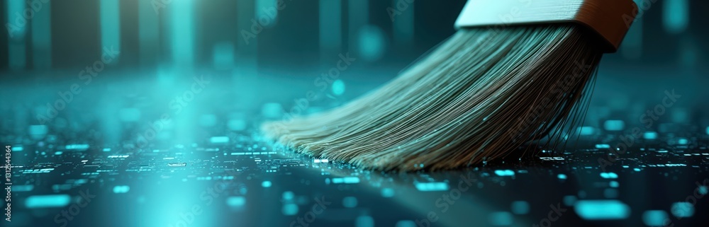 Poster close-up of broom sweeping digital data in high-tech environment. depicts data cleanup, cybersecurit