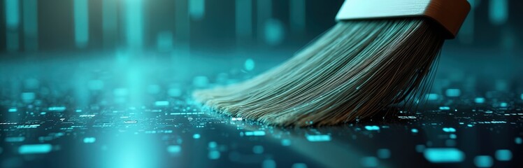 Close-up of broom sweeping digital data in high-tech environment. Depicts data cleanup, cybersecurity, digital hygiene. Brush removes dust, deletes software bugs, protects from virus, cleans server.