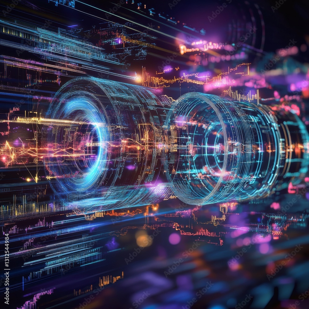 Leinwandbilder Abstract Data Flow: Digital Information Transfer with Neon Glow and Circuitry Visuals 