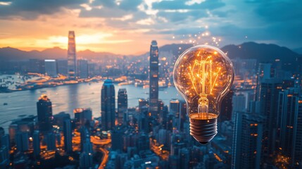 A glowing lightbulb representing innovation with a city background
