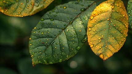 Lush green leaves adorned with glistening dew drops basking in soft sunlight with hints of yellow signaling an autumnal transformation