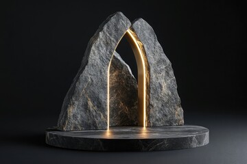 A stone podium with golden arches and a triangular shape on a black background, a dark minimalistic design for product presentation