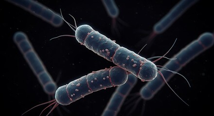 Obraz premium Analyzing Microscopic Rod-shaped Bacteria with Flagella on a Dark Background