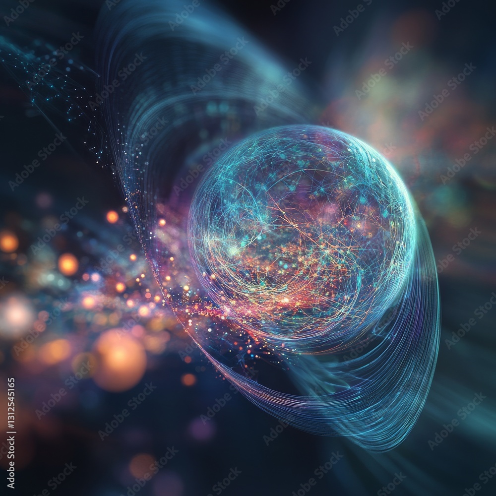 Poster abstract data network sphere with glowing connections and orbital rings, a futuristic technology con