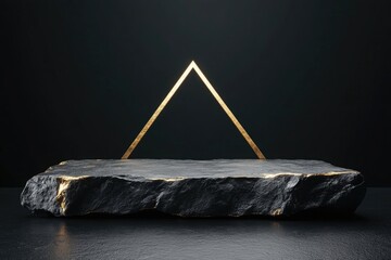 A stone podium with golden arches and a triangular shape on a black background, a dark minimalistic design for product presentation