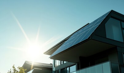 Fototapeta premium newly constructed homes with solar panels on the roof under a bright sky A close up of a brand new structure with dark solar panels. Zonneenergie, Zonnepanelen, Translation Sun Energy, solar panel