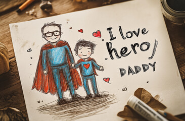 A white postcard with I love my hero daddy written on it, drawn by a child in crayon. The image depicts a father and son holding hands, with the boy wearing glasses and the man having short hair