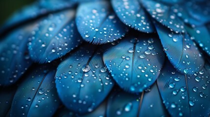 Obraz premium A stunning closeup of vibrant blue feathers adorned with dewdrops showcasing intricate textures and natural beauty in soft light