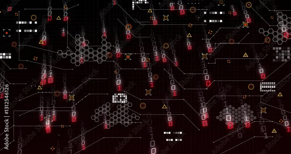 Poster animation of binary code and geometric patterns forming network on dark background