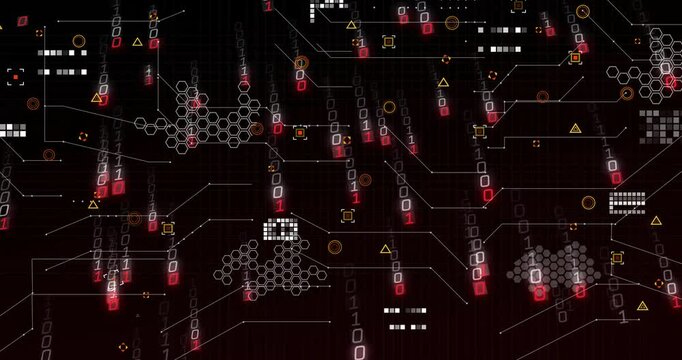 Animation of binary code and geometric patterns forming network on dark background