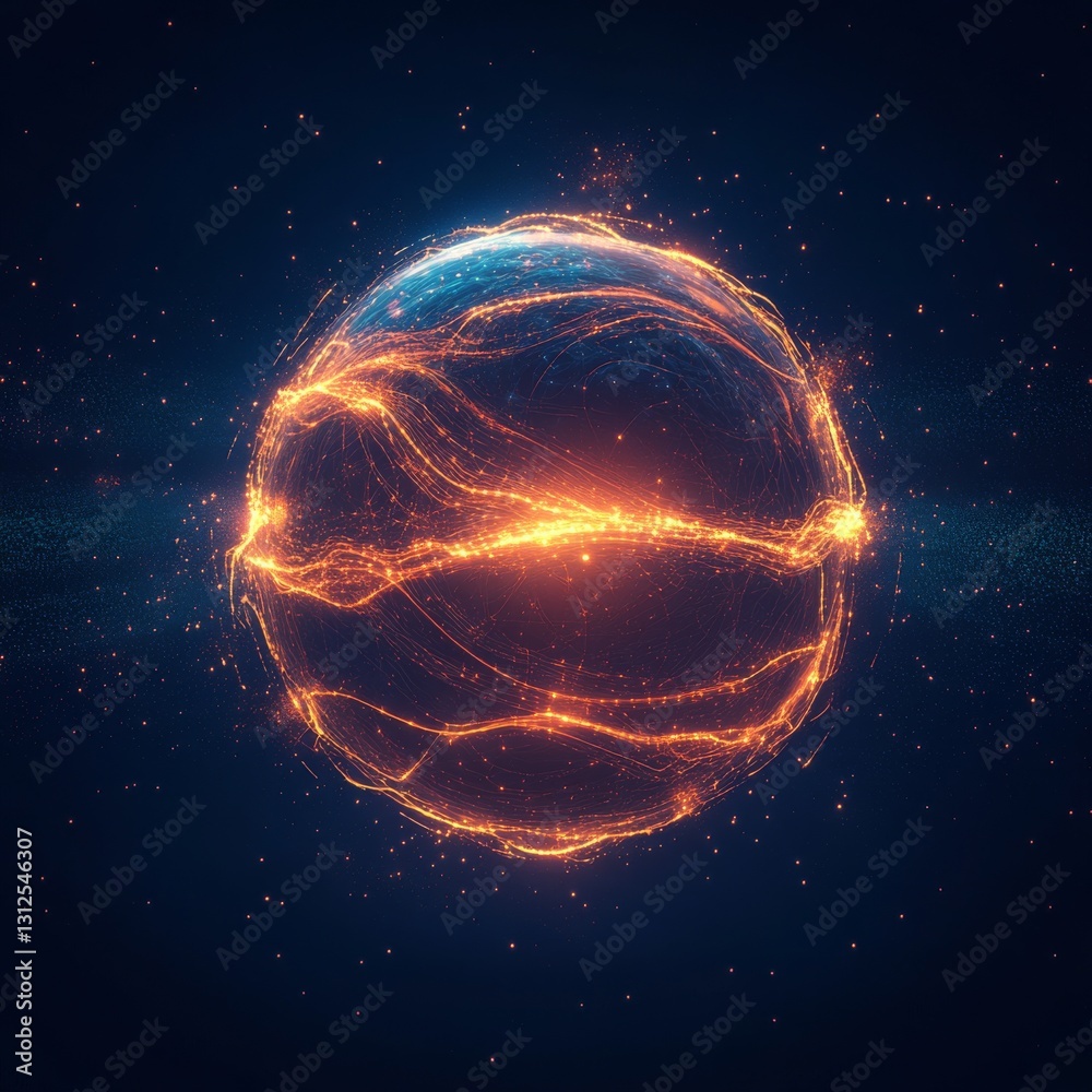 Aufkleber a glowing orb in the cosmos: energetic lines and sparkling particles in a dark blue space background