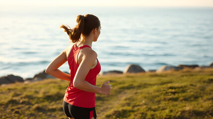 Female jogging in the early morning coastwise. Jogger do physical training at the sea. Girl run on her workout wearing in red sportswear. Sport in every day healthy life. Rear back view.