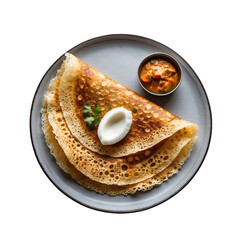 Delicious Indian Pancake Dosa with Spicy Sambar and Fresh Yogurt, Isolated on Transparent Background.