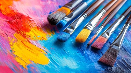 Fototapeta premium Colorful paint palette with various brushes arranged artistically, showcasing vibrant hues and textures