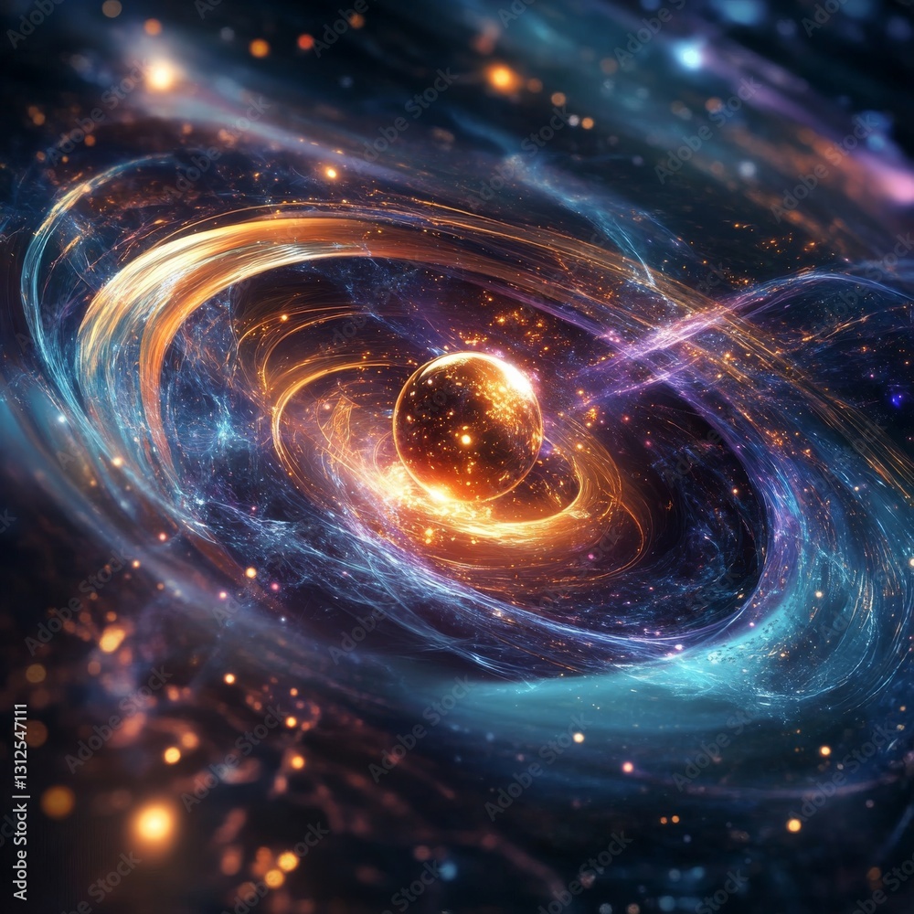Poster cosmic convergence: an abstract depiction of a galaxy core with swirling energy and luminous spheres
