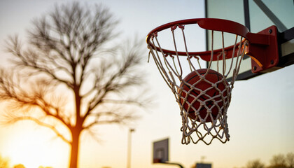 Naklejka premium Basketball going through hoop at sunset, urban sports passion