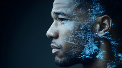 Profile of a Man with Blue Digital Particles on Dark Background