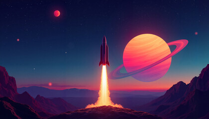 Rocket launching toward vibrant planet at midnight, cosmic exploration