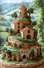 Three-tiered wedding cake with Italian countryside vineyard theme decor