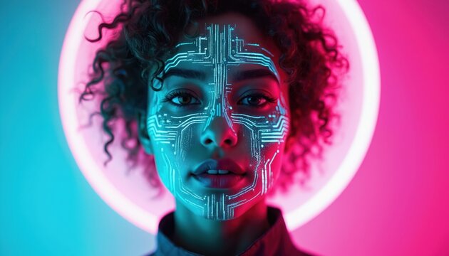 Futuristic portrait of young woman with neon circuit pattern on face. Digital skin, modern art. Glowing design innovation, creative cyber aesthetic, light. Bright colorful visual expression. Sci-fi - Powered by Adobe
