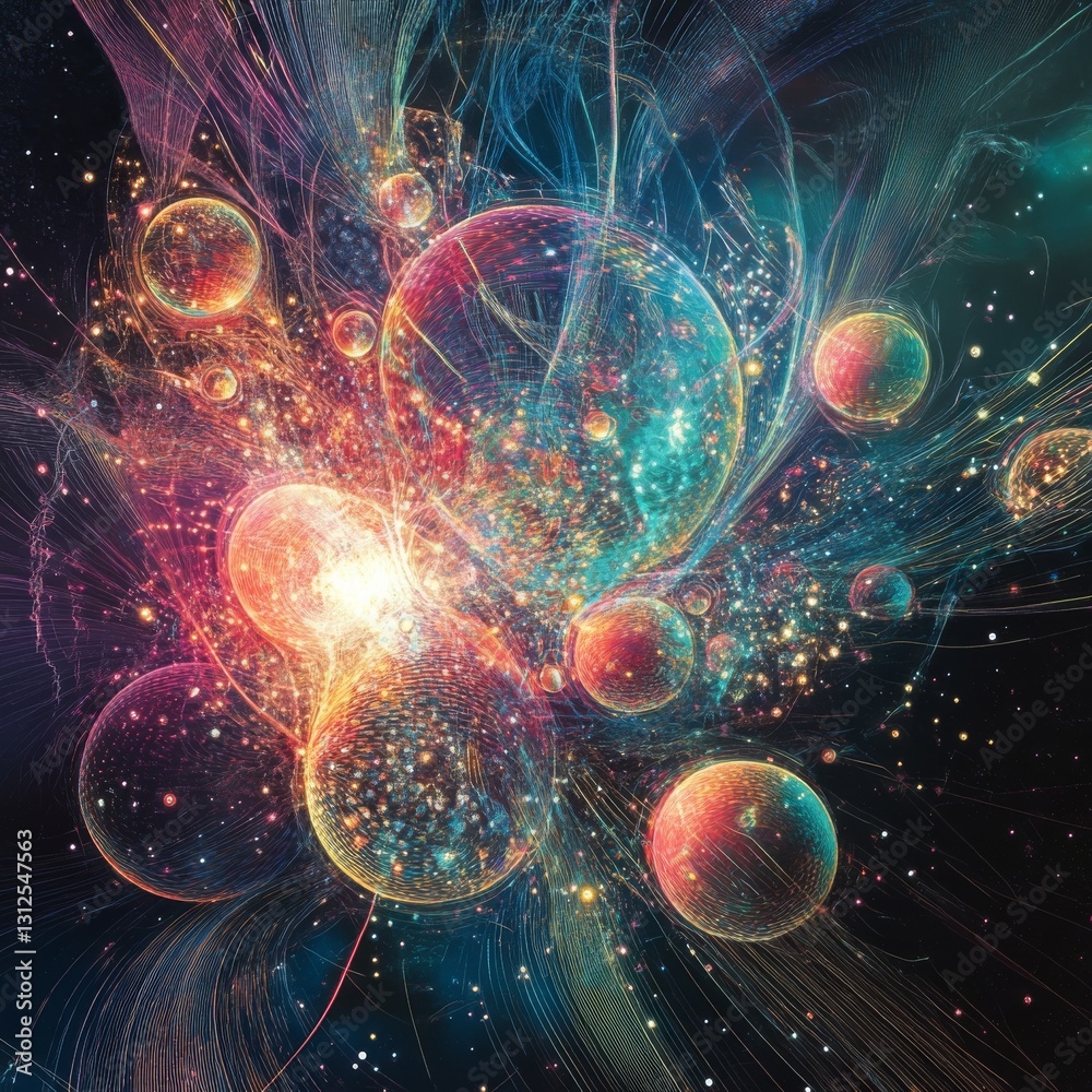 Aufkleber cosmic symphony: an abstract galaxy of luminous spheres and interstellar lines in a universe of drea