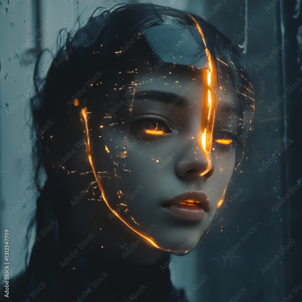 Aufkleber cyberpunk portrait: a woman with glowing neural interfaces in a futuristic dystopian setting