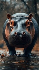 Fototapeta premium Hippo stands majestically in the water with a serene backdrop of nature during a rainy day