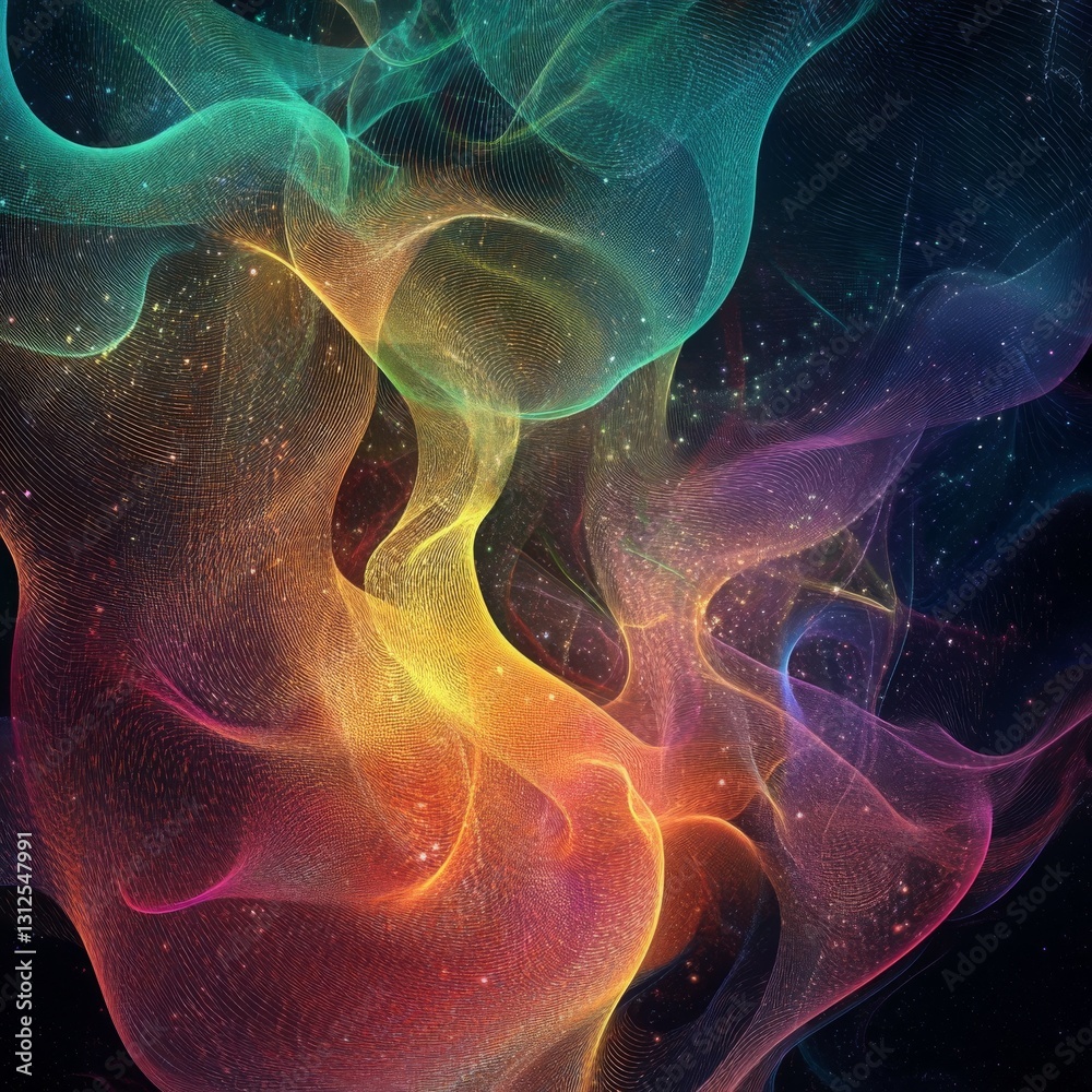 Poster ethereal abstract: a cosmic symphony of gradient waves and sparkling nebulae in a black void, a capt
