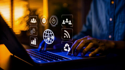 Computer virus alert with laptop and keyboard showing digital code and network concepts