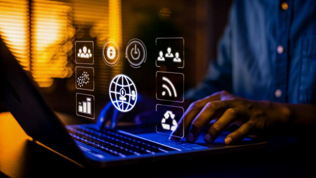 Computer virus alert with laptop and keyboard showing digital code and network concepts - Powered by Adobe