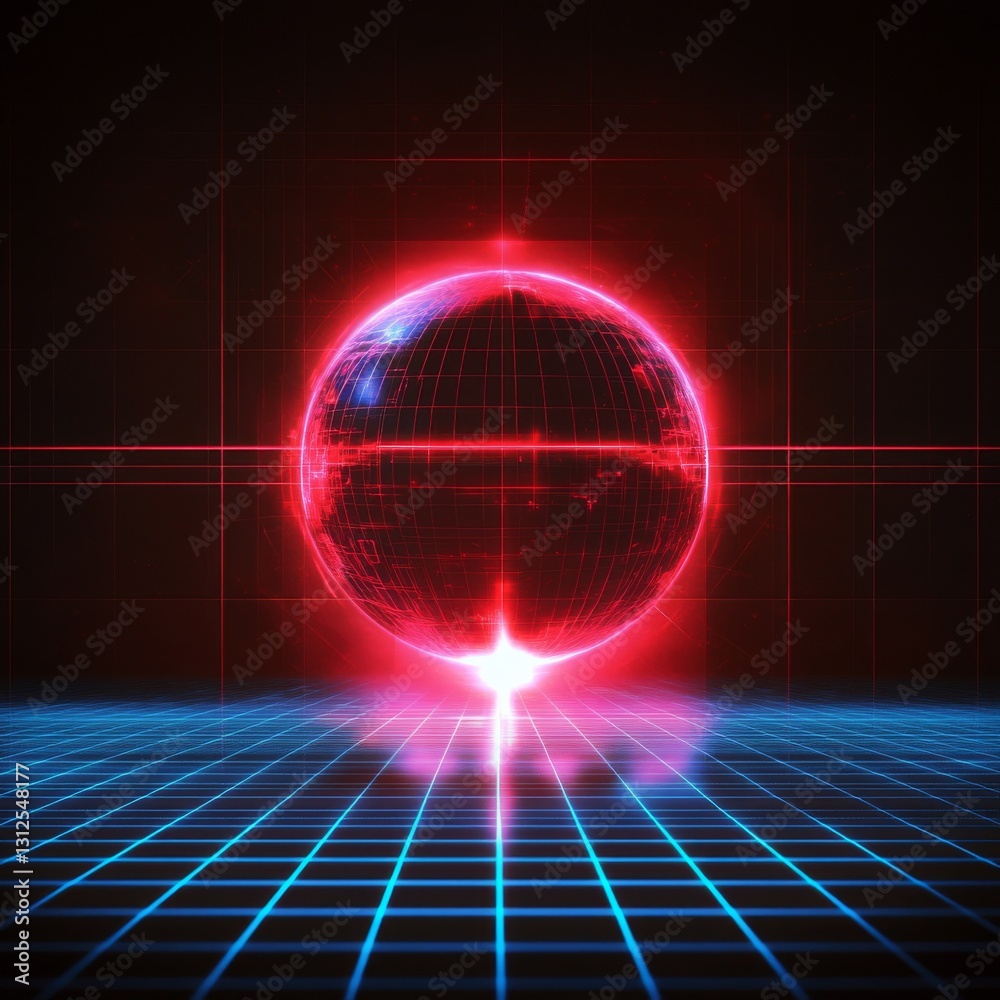 Poster futuristic gridscape: a glowing red sphere on blue grid lines, immersive digital world visualization