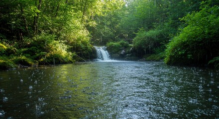 Naklejka premium Waterfall in Lush Forest with Rain Falling on Dark Water Surface