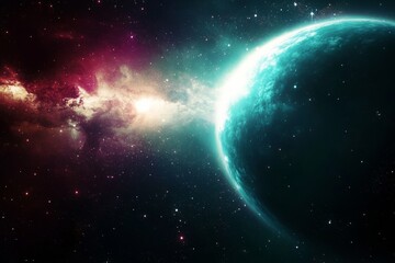 Naklejka premium Cosmic Nebula and Turquoise Planet Digital Art Composition, Space Scene, Celestial Body Space art, digital painting