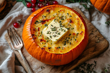Oven-baked pumpkin with cheese and herbs. Top-down view. Beautiful presentation.