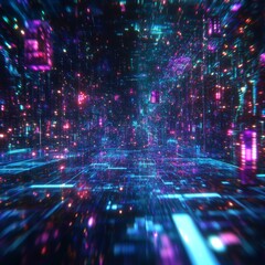 Obraz premium Neon Grid: Abstract Futuristic Cityscape with Glowing Lights and Deep Perspective