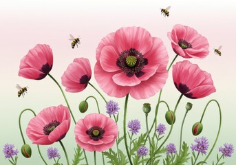 Fototapeta premium Beautiful pink poppies and lavender flowers with bees buzzing in a serene garden setting