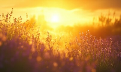 Tranquil Lavender Fields Basking in Golden Sunset Glow