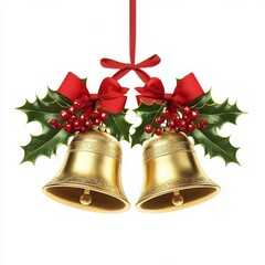 Christmas Golden Bells with Holly and Bows, jingle bells, holiday decoration Christmas, Bells