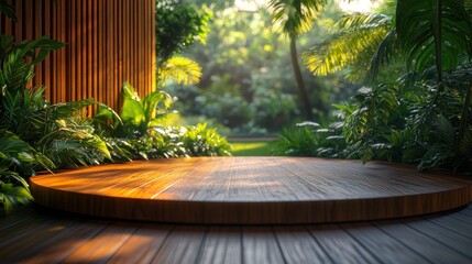 Wooden circular platform in a tropical garden setting